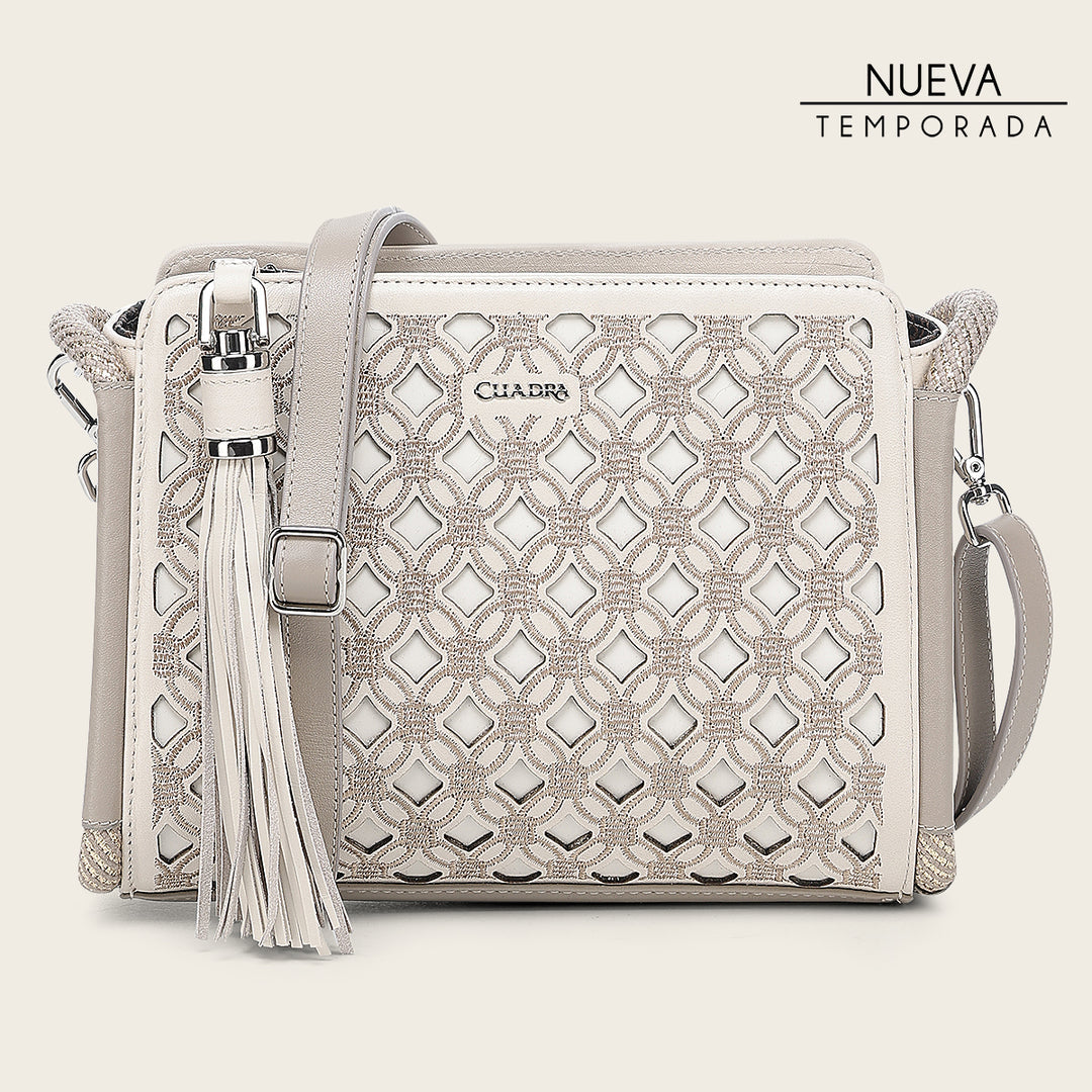 Cuadra Ladies White Cowhide Embroidery Hand Bag