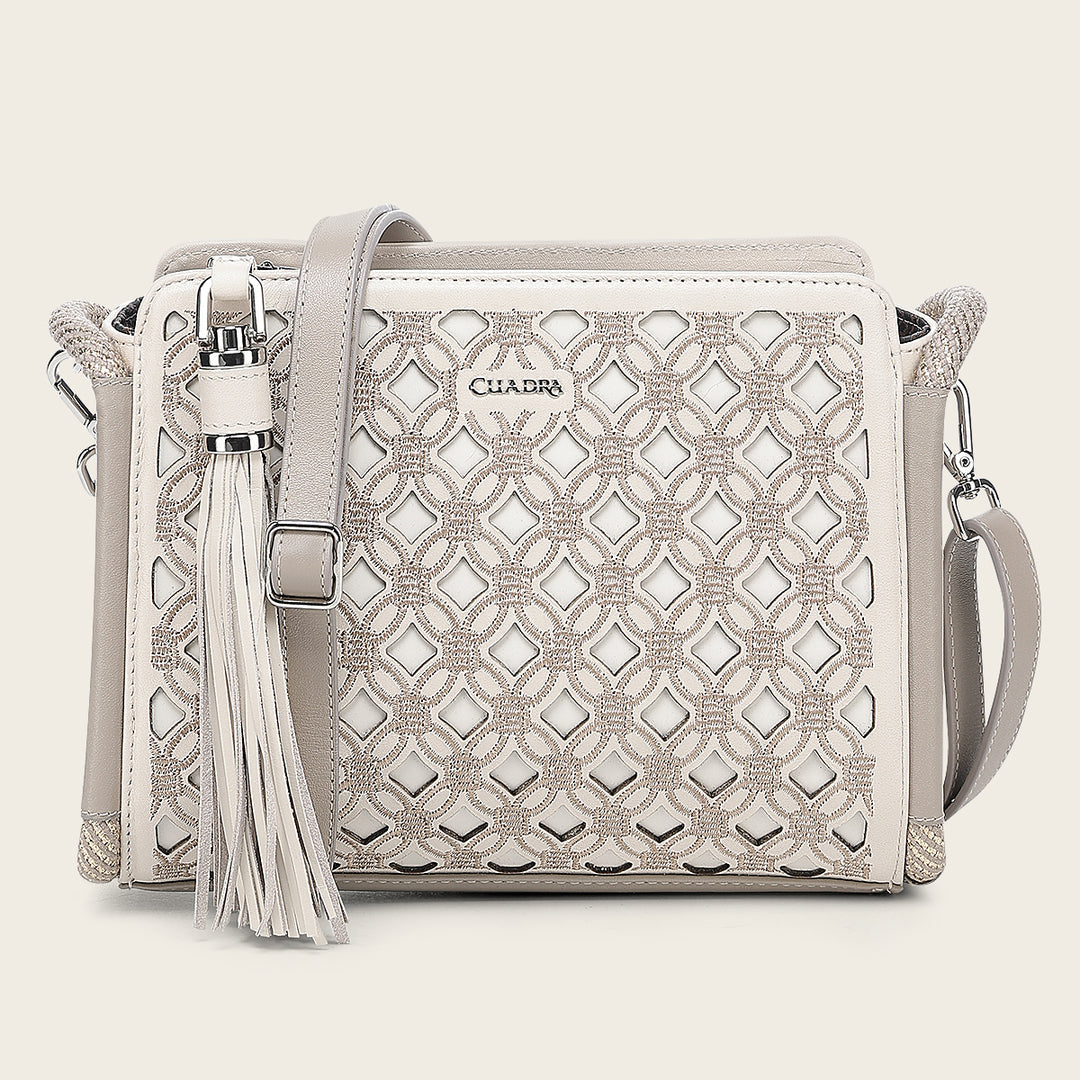 Cuadra Ladies White Cowhide Embroidery Hand Bag