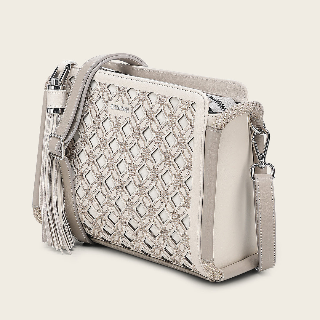 Cuadra Ladies White Cowhide Embroidery Hand Bag
