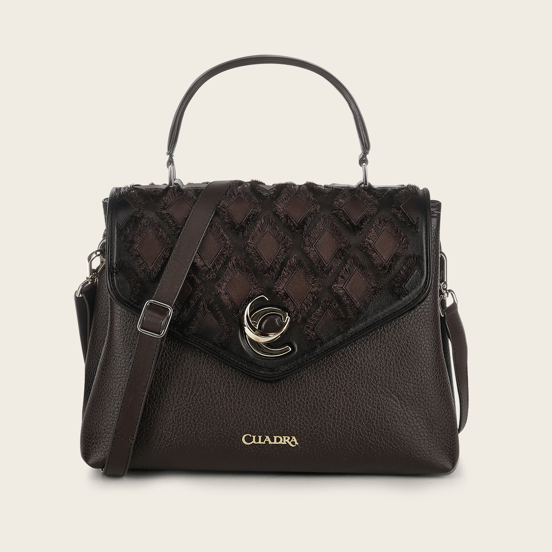 Cuadra Ladies Chocolate Cowhide Embroidery Hand Bag