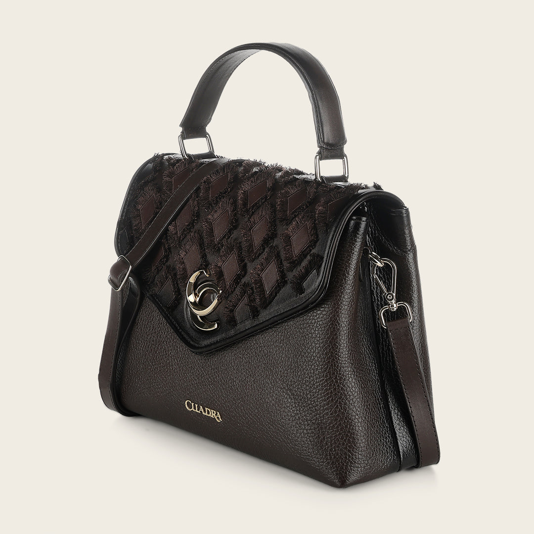 Cuadra Ladies Chocolate Cowhide Embroidery Hand Bag