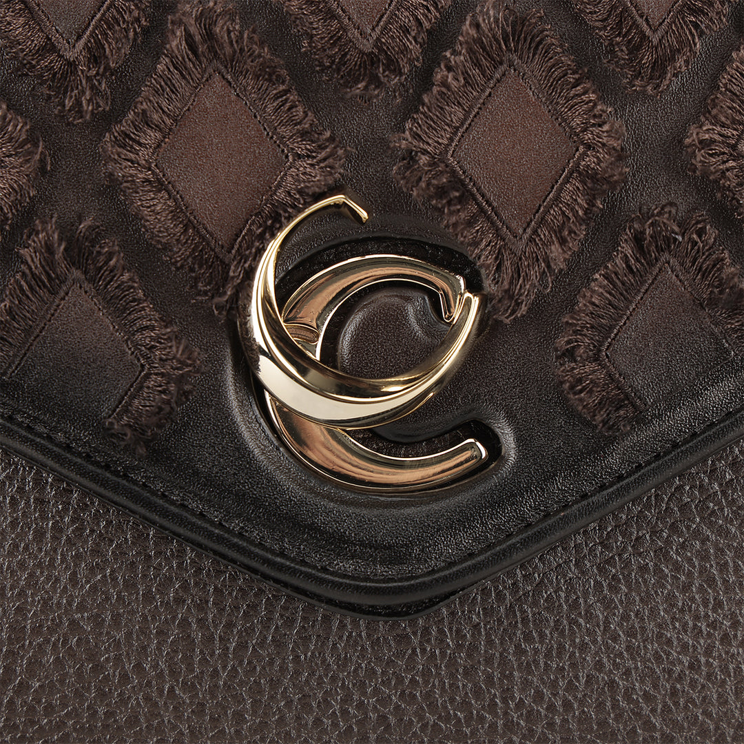 Cuadra Ladies Chocolate Cowhide Embroidery Hand Bag