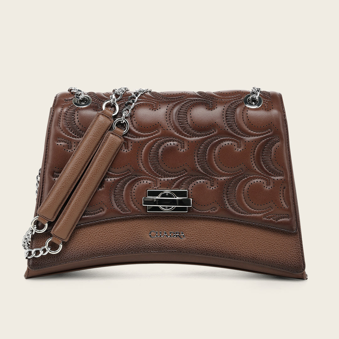Cuadra Women's Brown Lamb Leather Shoulder Bag With Geometric Design DU859