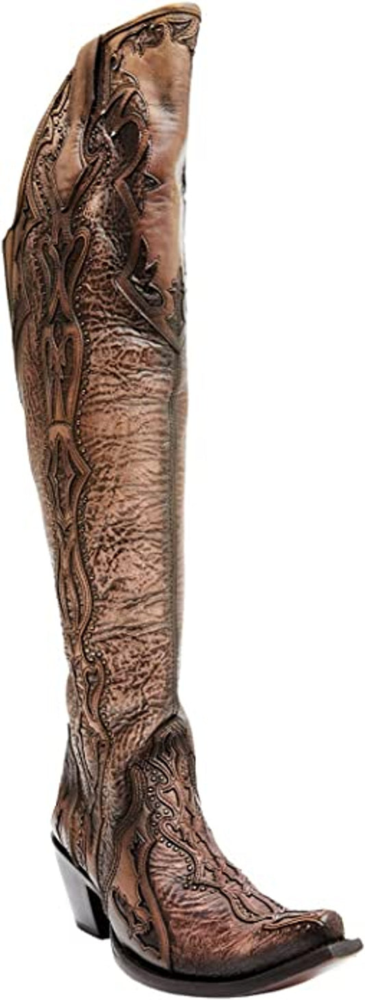 Corral Boots Ladies Overlay Embroidery Stud Tall Top  Western Boots Bone Chocolate