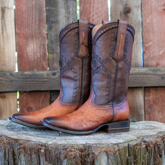 Cuadra Men's Ostrich Belly Laser And Woven Square Toe Cowboy Boots in Flame Honey