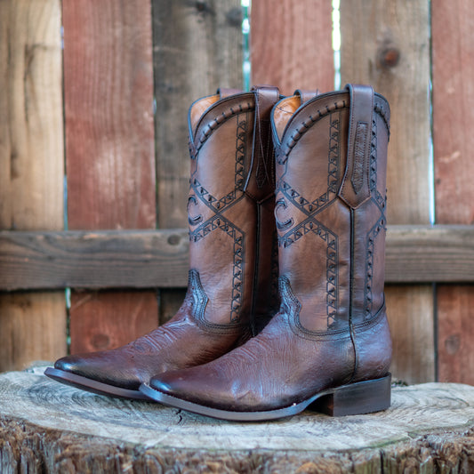 Cuadra Men's Ostrich Belly Laser And Woven Square Toe Cowboy Boots in Flame Chocolate