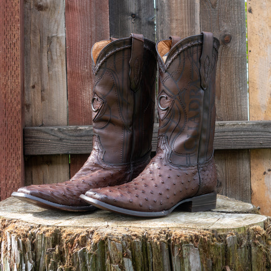 Cuadra Men's Ostrich Laser And Embroidery Square Toe Cowboy Boots in Flame Brown