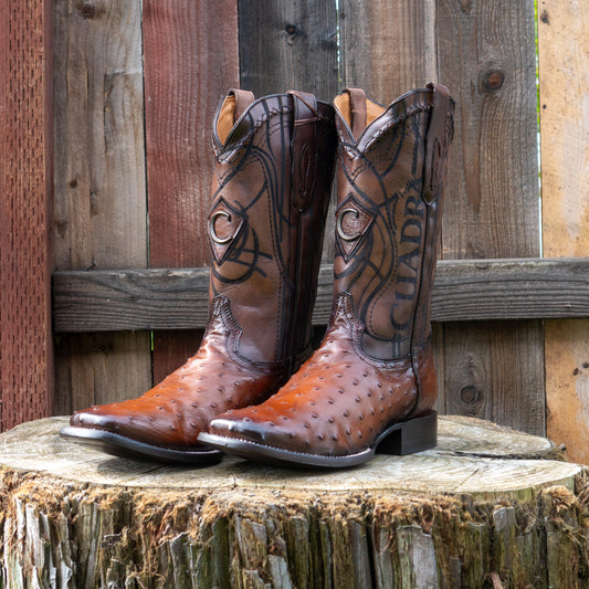 Cuadra Men's Ostrich Laser And Embroidery Square Toe Cowboy Boots in Brown