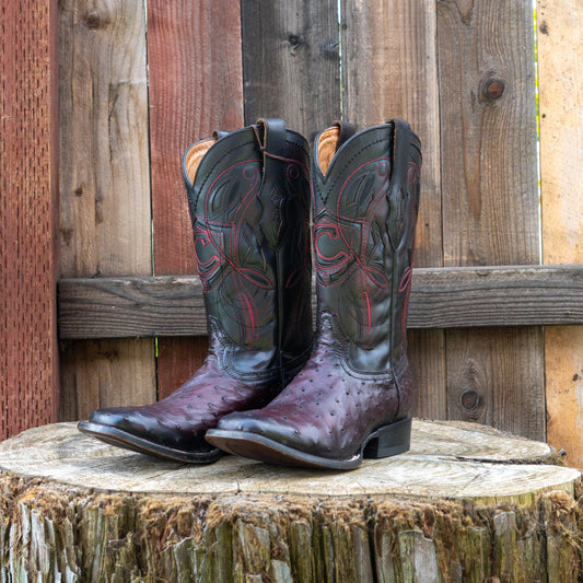 Cuadra Men's Ostrich Cowboy Boots in Black Cherry