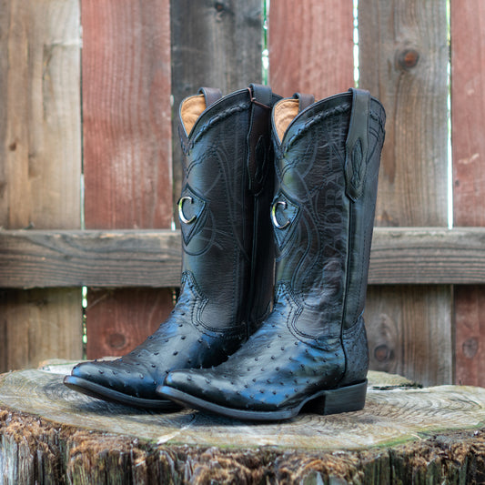 Cuadra Men's Ostrich Laser And Embroidery Round Toe Cowboy Boots in Black