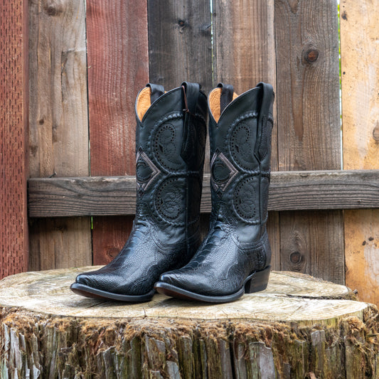 Cuadra Men's  Ostrich Leg Laser And Woven Narrow Snip Toe Exotic Leather Cowboy Boots in Black