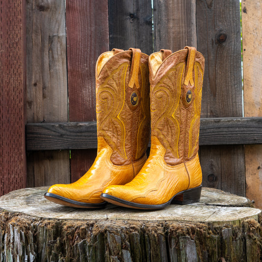 Cuadra Men's  Ostrich Leg Laser And Woven Narrow Snip Toe Exotic Leather Cowboy Boots in Yellow