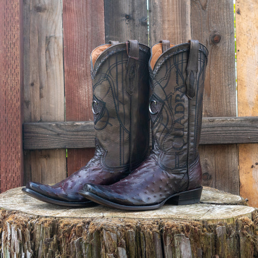 Cuadra Men's Ostrich Cowboy Boots in Flame Black Cherry