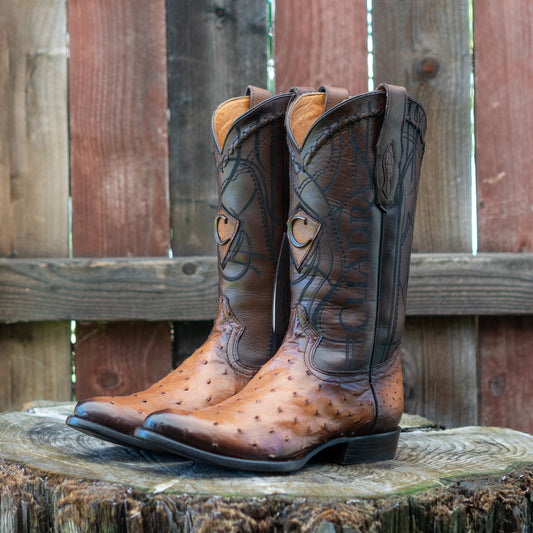 Cuadra Men's Ostrich Laser And Embroidery Round Toe Cowboy Boots in Honey
