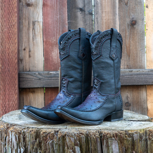 Cuadra Men's Ostrich Cowboy Boots in Flame Black Cherry