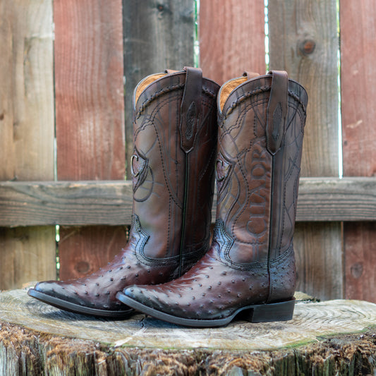 Cuadra Men's Ostrich Laser And Embroidery Round Toe Cowboy Boots in Brown