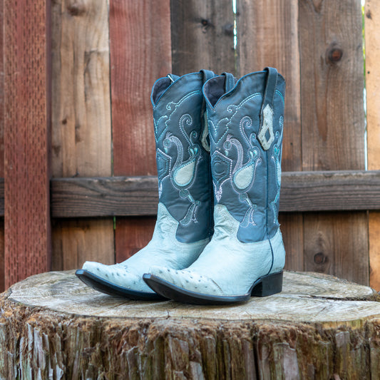 Cuadra Men's Ostrich Cowboy Boots in Sky Blue
