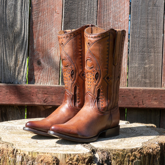 Cuadra Men's Exotic Almond Deer Leather Laser Embroidery and Zipper Round Toe Cowboy Boots