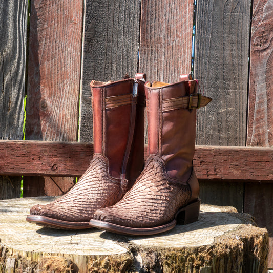 Cuadra Men's Brown Fish Laser and Zipper Narrow Square Toe Cowboy Boots