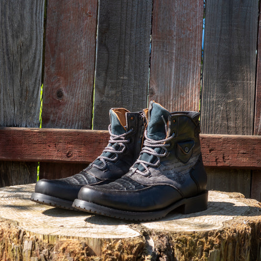 Cuadra Men's Fuscus Belly Lace Up and Laser Round Toe Boots in Black
