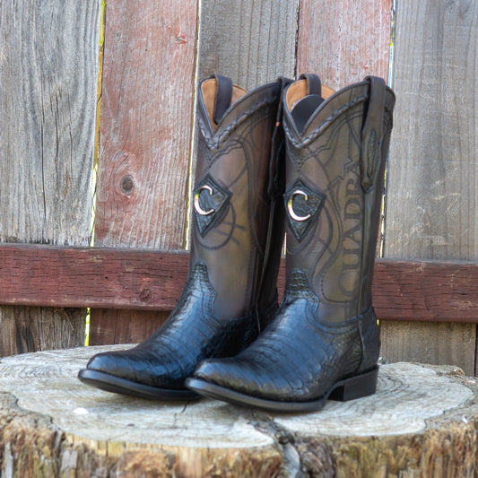 Cuadra Men's Plunge Black Caiman Laser Embroidery Round Toe Cowboy Boots