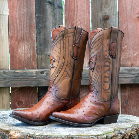 Cuadra Men's Ostrich Laser And Embroidery Snip Toe Cowboy Boots in Flame Honey