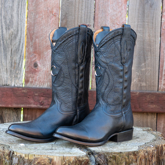 Cuadra Men's Exotic Black Deer Leather Laser Embroidery and Round Toe Cowboy Boots