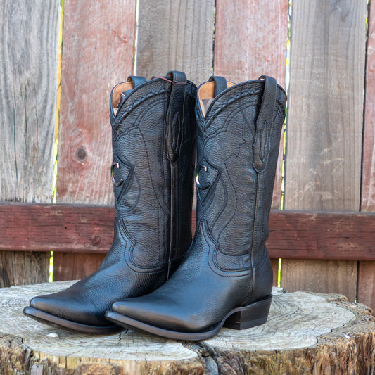 Cuadra Men's Exotic Black Deer Leather Laser Embroidery and Snip Toe Cowboy Boots