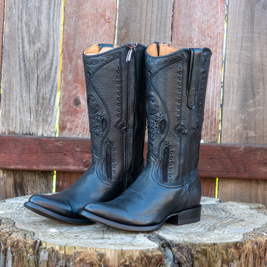 Cuadra Men's Exotic Black Deer Leather Laser Embroidery and Zipper Round Toe Cowboy Boots