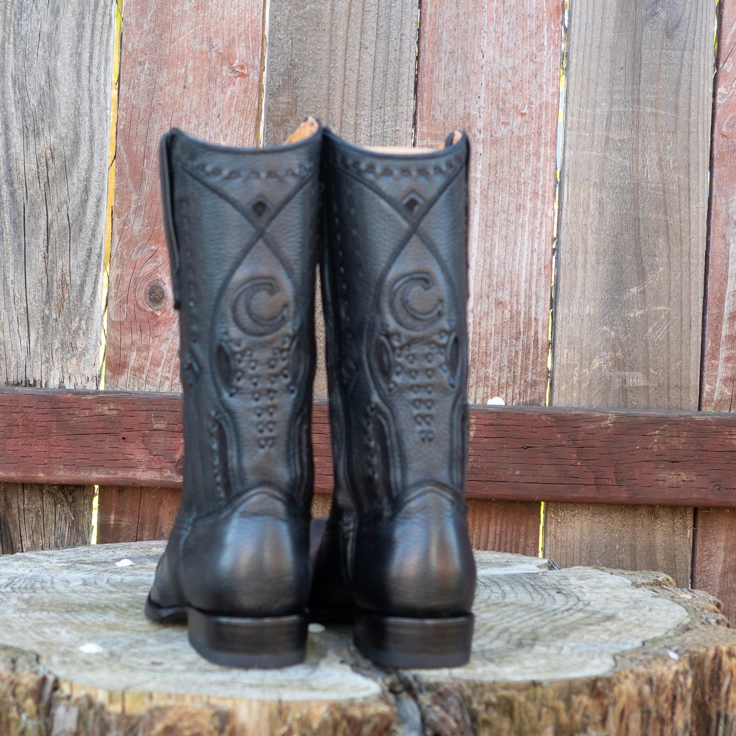 Cuadra Men's Exotic Black Deer Leather Laser Embroidery and Zipper Round Toe Cowboy Boots