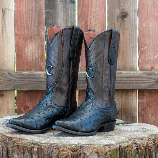 Cuadra Men's Ostrich Laser And Embroidery Snip Toe Cowboy Boots in Flame Black