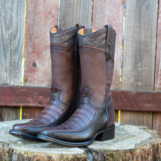Cuadra Men's Aracuo Chocolate Cayman Laser Woven Round Toe Fuscus Belly Cowboy Boots