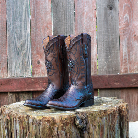 Cuadra Men's Brown Caiman Laser Embroidery Round Toe Cowboy Boots