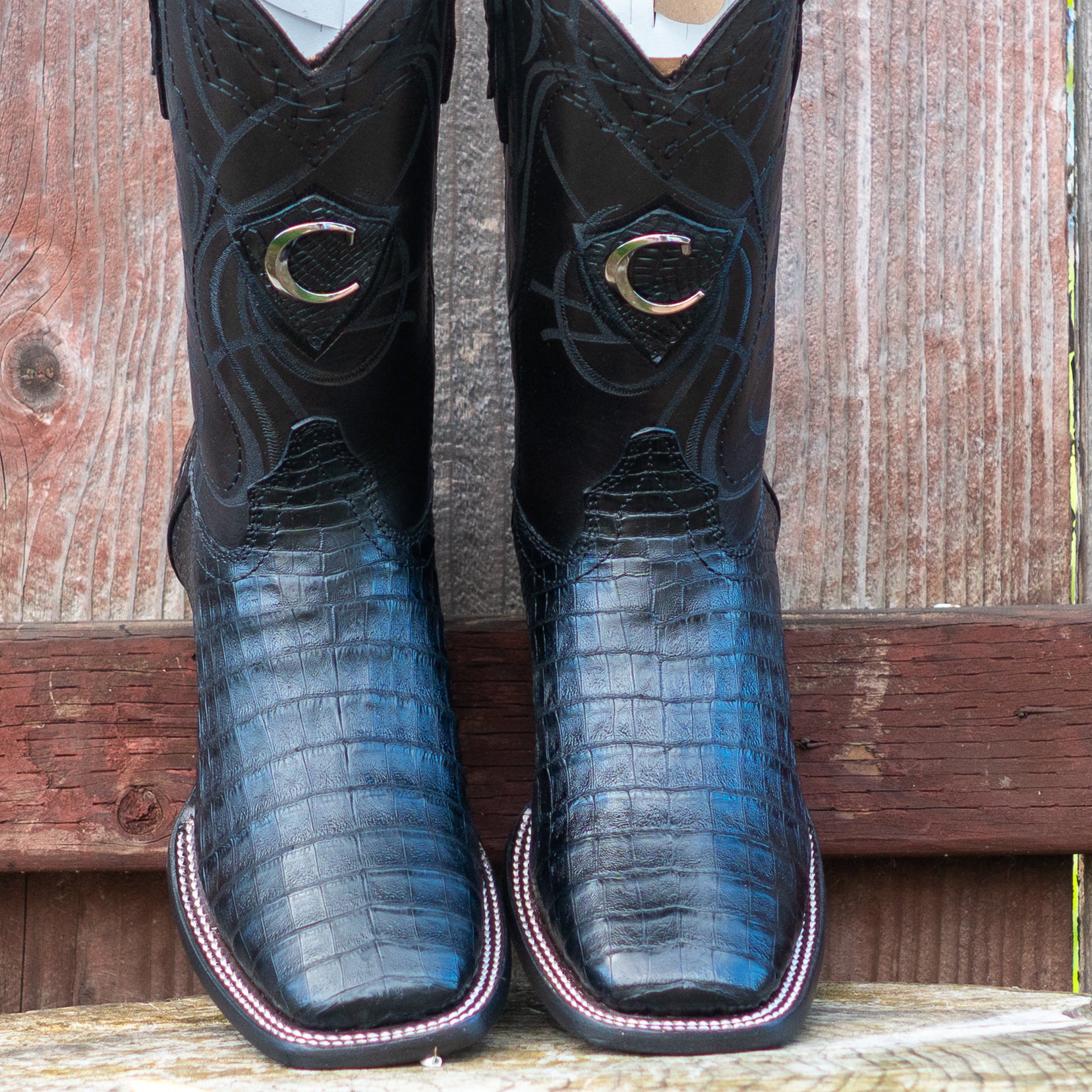 Cuadra Men's Black Caiman Laser Embroidery Square Toe Cowboy Boots