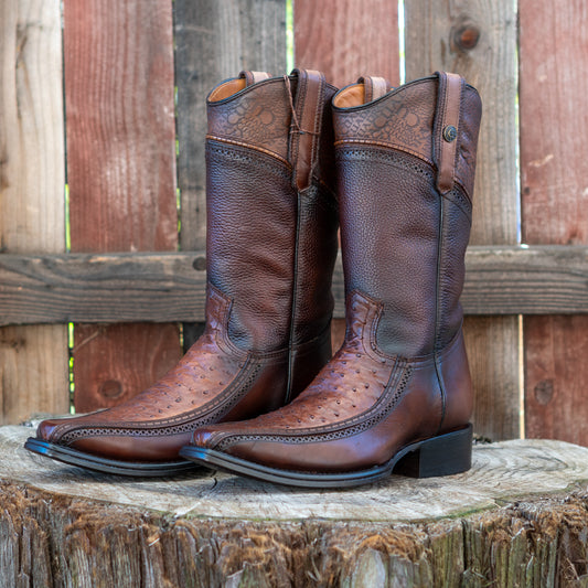 Cuadra Men's  Ostrich Laser And Woven Narrow Square Toe Exotic Leather Cowboy Boots in Moroni Brown