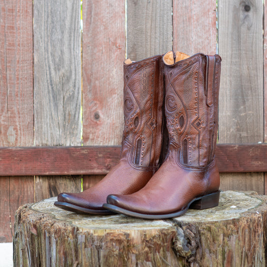 Cuadra Men's Brown Deer Laser And Embroidery Zipper Narrow Square Cowboy Boots