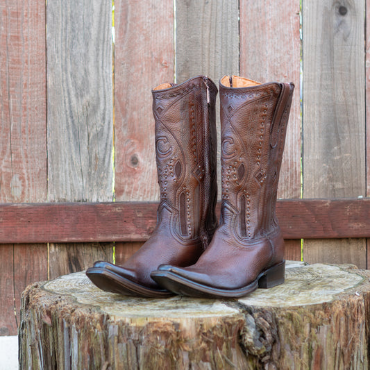Cuadra Men's Brown Deer Laser And Woven Zipper Narrow Square Toe Cowboy Boots
