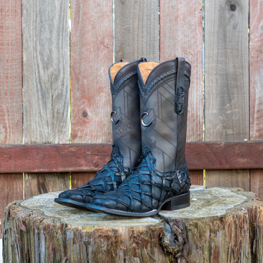 Cuadra Men's Black Glazed Fish Pirarucu Laser & Woven Square Toe Western Boot