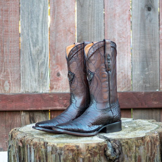 Cuadra Men's Paris Brown Caiman Laser Embroidery Square Toe Cowboy Boots