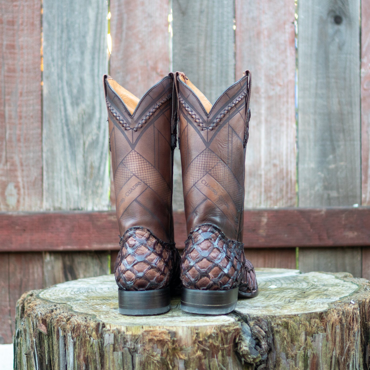 Cuadra Men's Chocolate Glazed Fish Pirarucu Laser & Woven Square Toe Western Boot