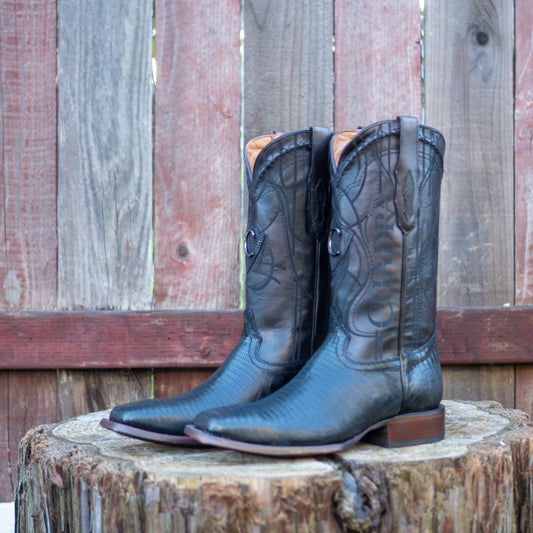 Cuadra Men's Black Lizard Teju Laser And Embroidery Square Toe Cowboy Boots