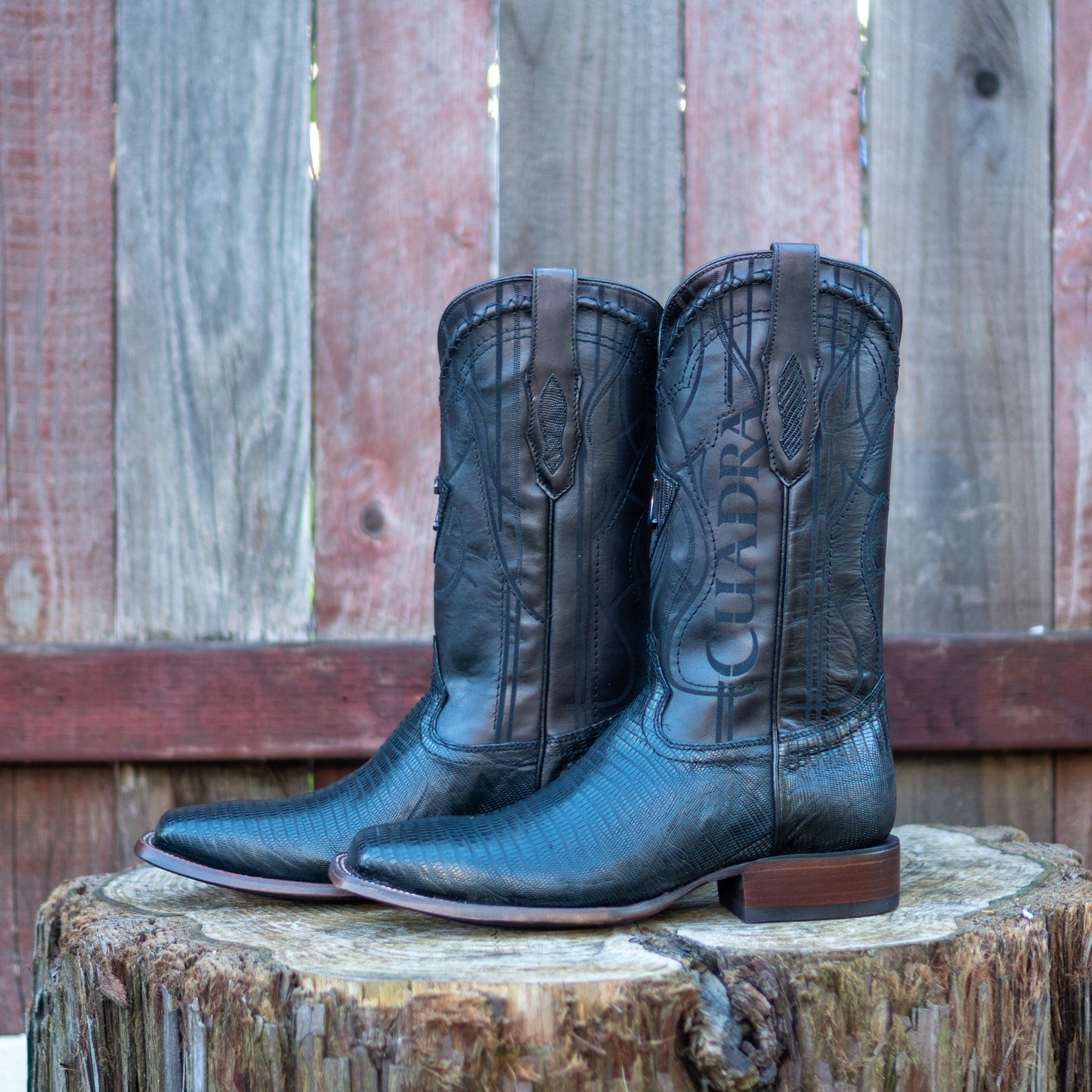 Cuadra Men's Black Lizard Teju Laser And Embroidery Square Toe Cowboy Boots