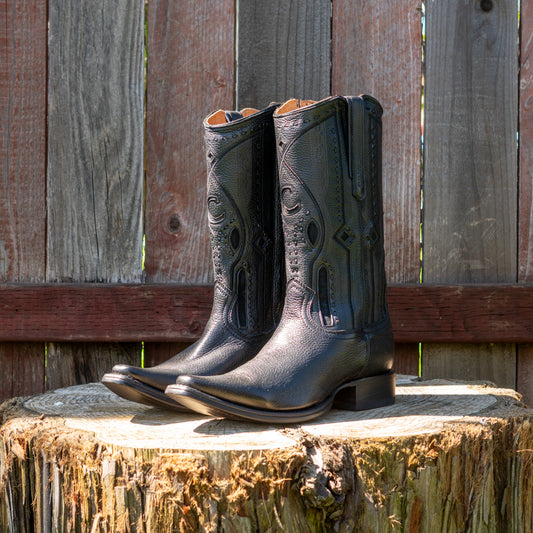 Cuadra Men's Black Deer Laser And Woven Zipper Narrow Square Toe Cowboy Boots