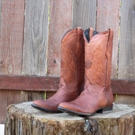 Cuadra Men's Almond Deer Leather Laser Embroidery Round Toe Cowboy Boots