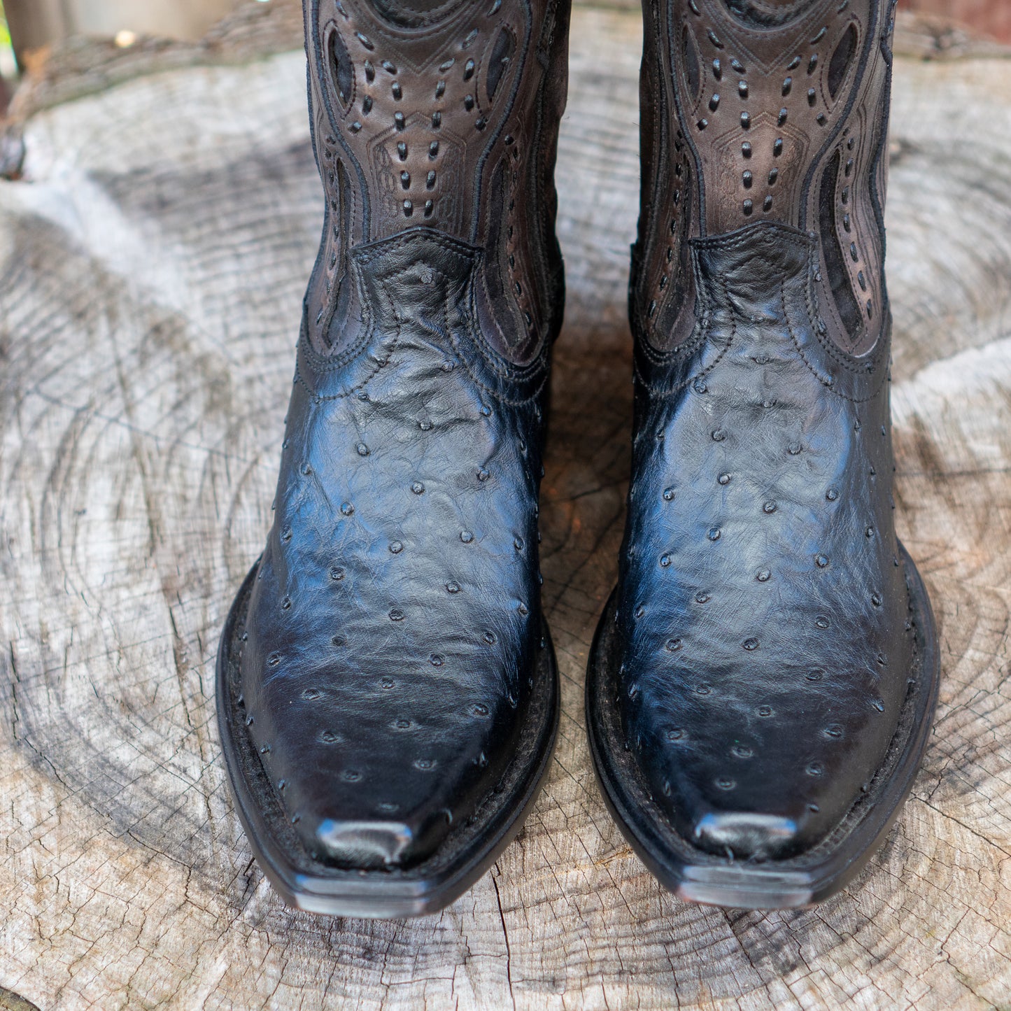 Cuadra Men's  Ostrich Laser And Woven Zippered Narrow Square Toe Exotic Leather Cowboy Boots in Black