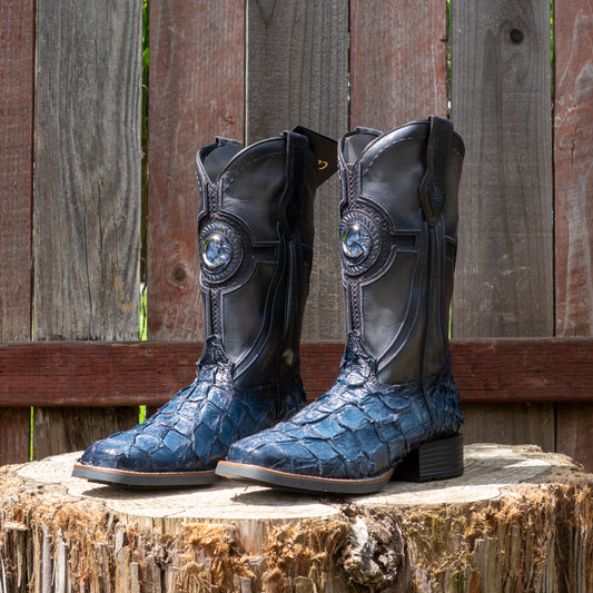 Cuadra Men's Blue & Oxford Pirarucu Studs & Embroidery  Square Toe Western Boot