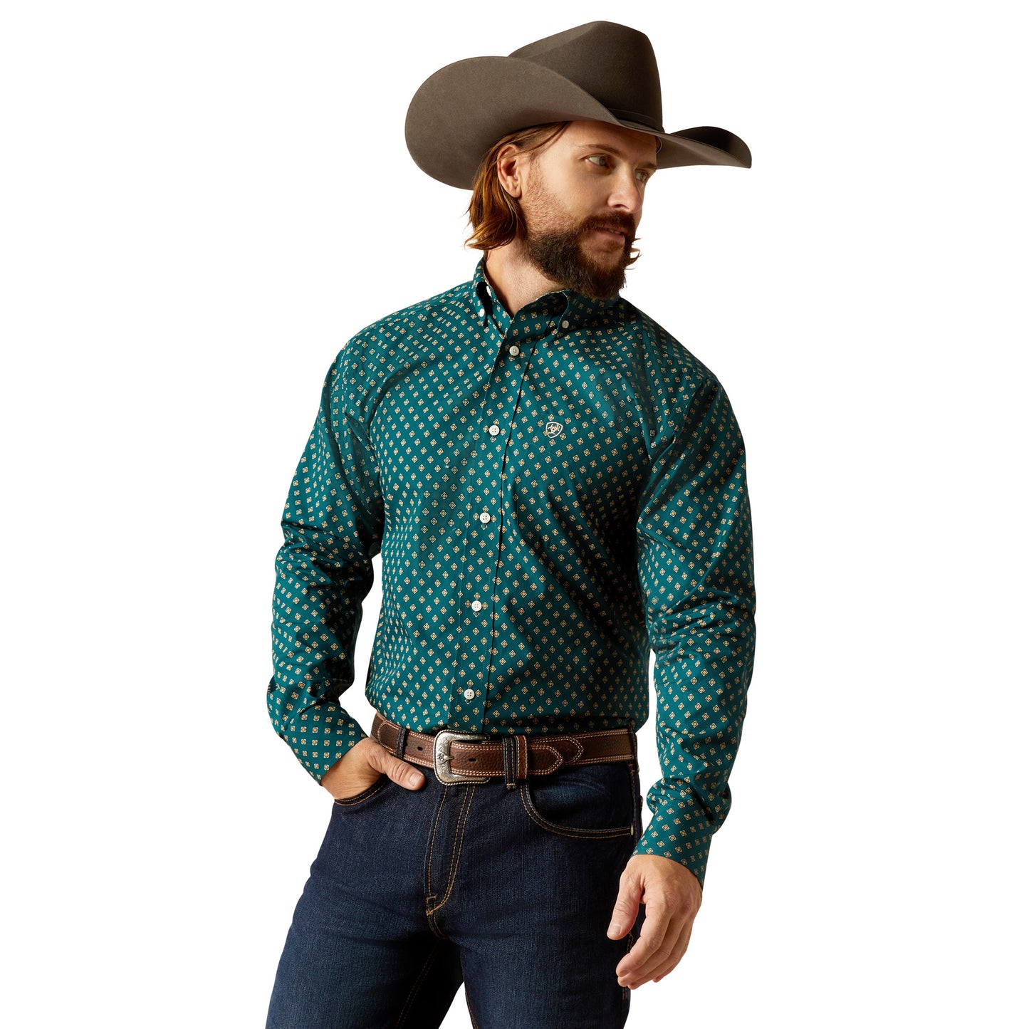 Ariat Men's Wrinkle Free Grover Fitted Shirt Deep Teal