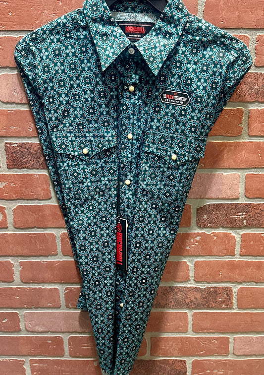 Rock & Roll Denim Men's Modern Fit Medallion Woven Long Sleeve Snap Shirt Teal