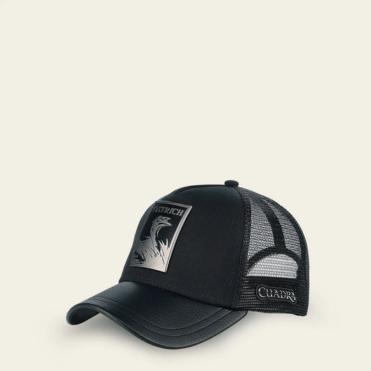 Cuadra Black Ostrich Metal Patch Leather Cap Snapback CC116