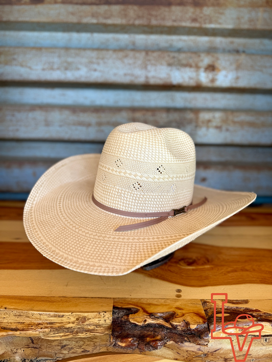 American Hat Company Straw Hat Regular Crown Double Stars Tan White